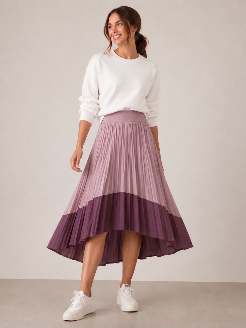 Athleta Swing Forward Pleated Colorblock High-Low Midi Skirt Smoked Mauve Size M